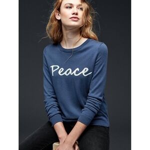 GAP Peace Merino Wool Blend Crewneck Sweater Blue XS Graphic Long Sleeve